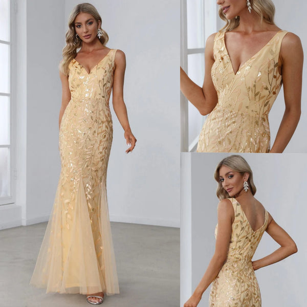 Gold Fishtail Sequin Formal Evening Dress