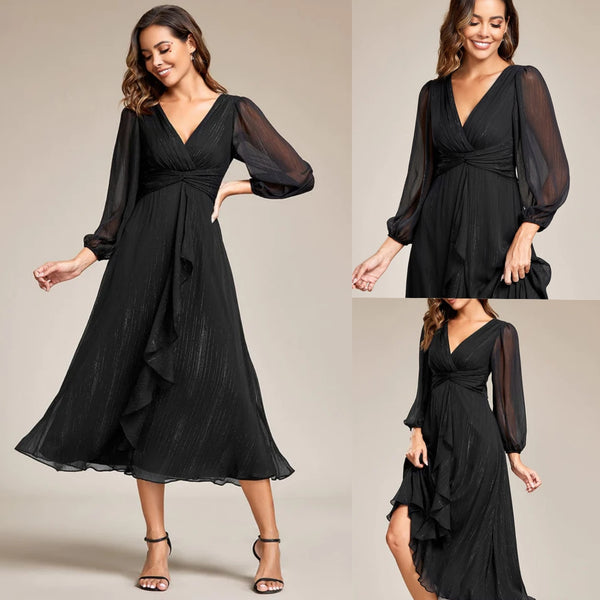 Black Long Sleeve Ruffled Sparkly Formal Evening Gown