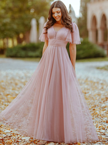 Romantic V Neck Tulle Ruffle Sleeves Pink Sequin Prom Dresses