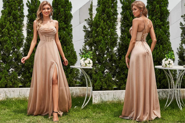 Sparkling Sleeveless Cowl Neck Formal Dress with High Slit