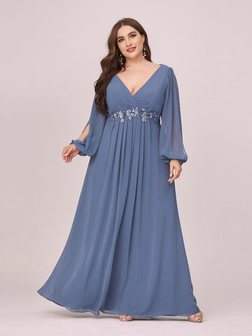 Curvy Plus Size Long Lantern Sleeves Chiffon Mother Dress