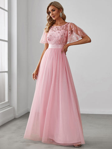 Women's A-Line Short Sleeve Embroidery Pink Sequin Prom Dresses