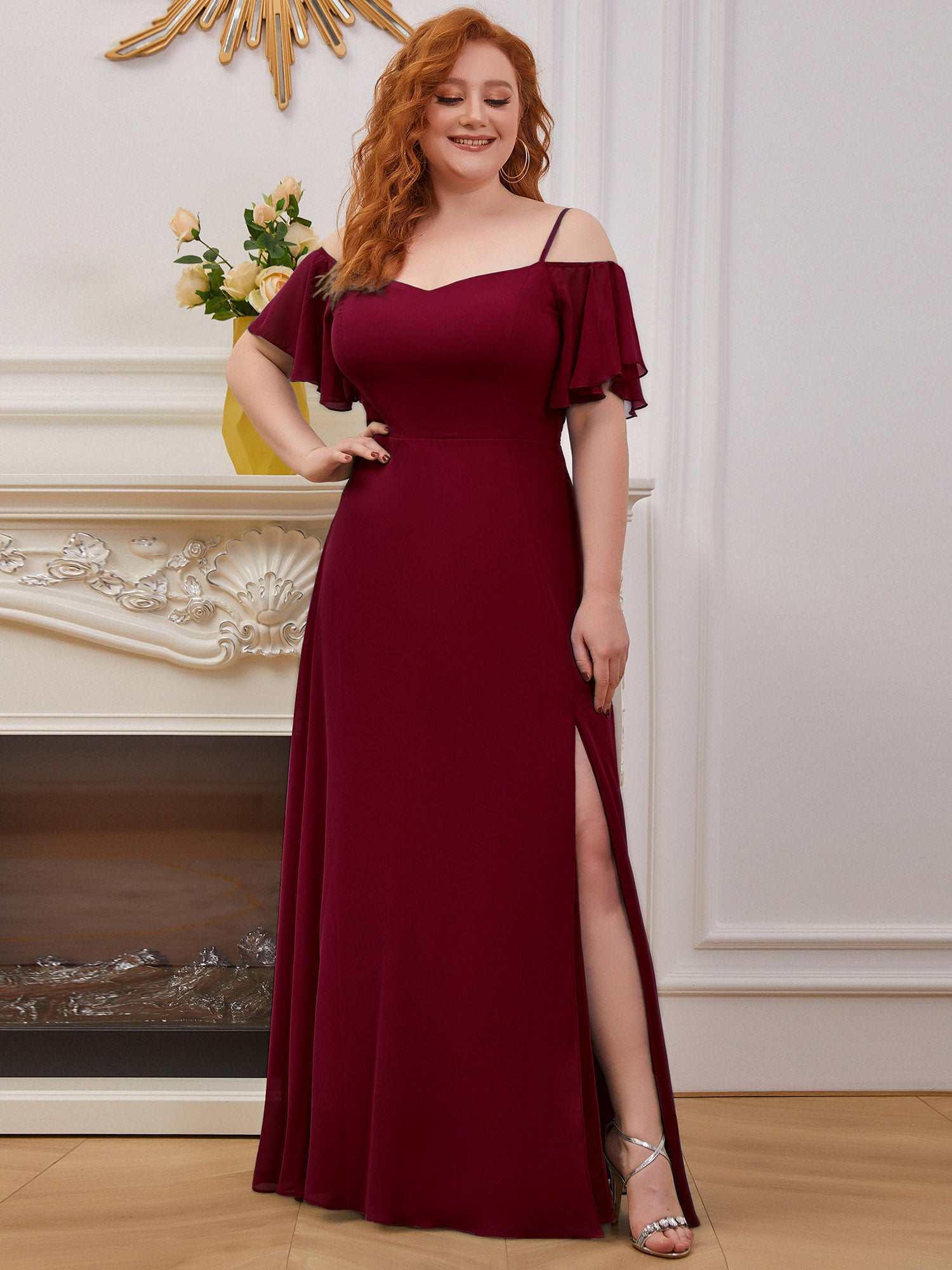 long cold shoulder burgundy bridesmaid dresses for curve