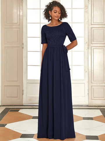Simple Yet Elegant Lace Bodice Long Mother Dress With Belt