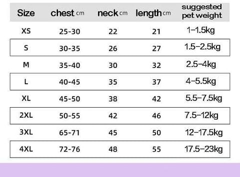 Stylish Pet Raincoat Size Chart