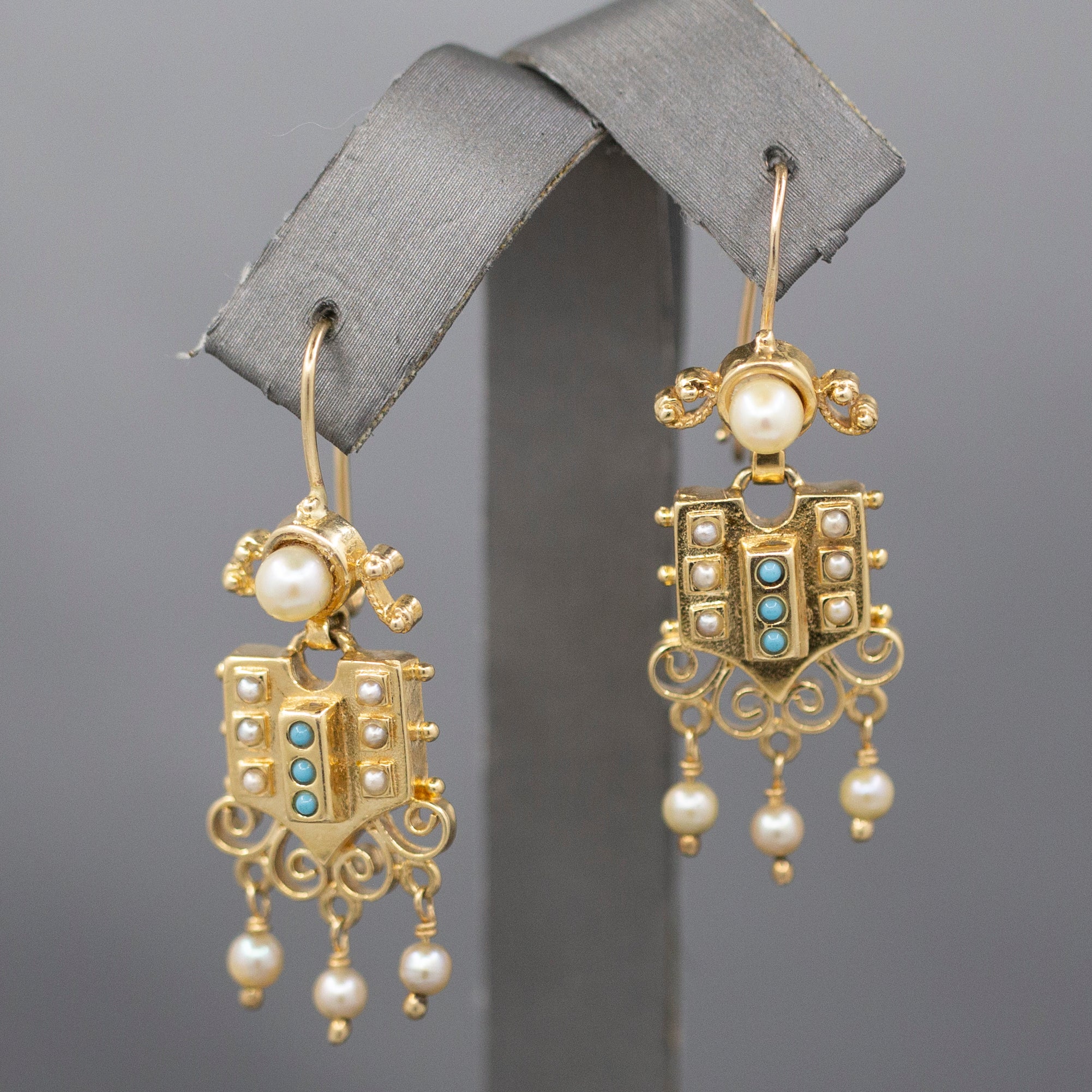 Lovely Antique Victorian Pearl and Turquoise Dangling Earrings in 14k Yellow Gold