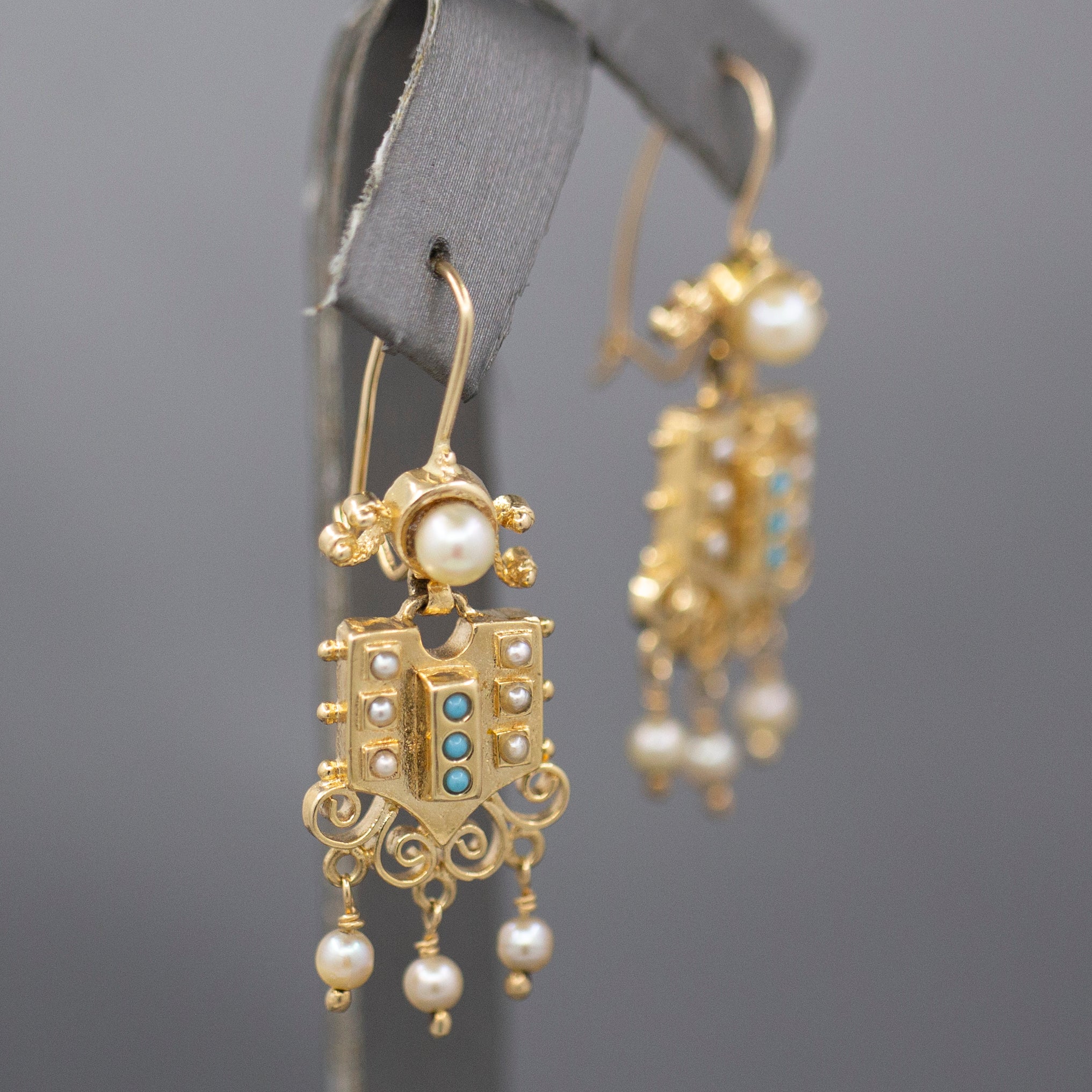 Lovely Antique Victorian Pearl and Turquoise Dangling Earrings in 14k Yellow Gold