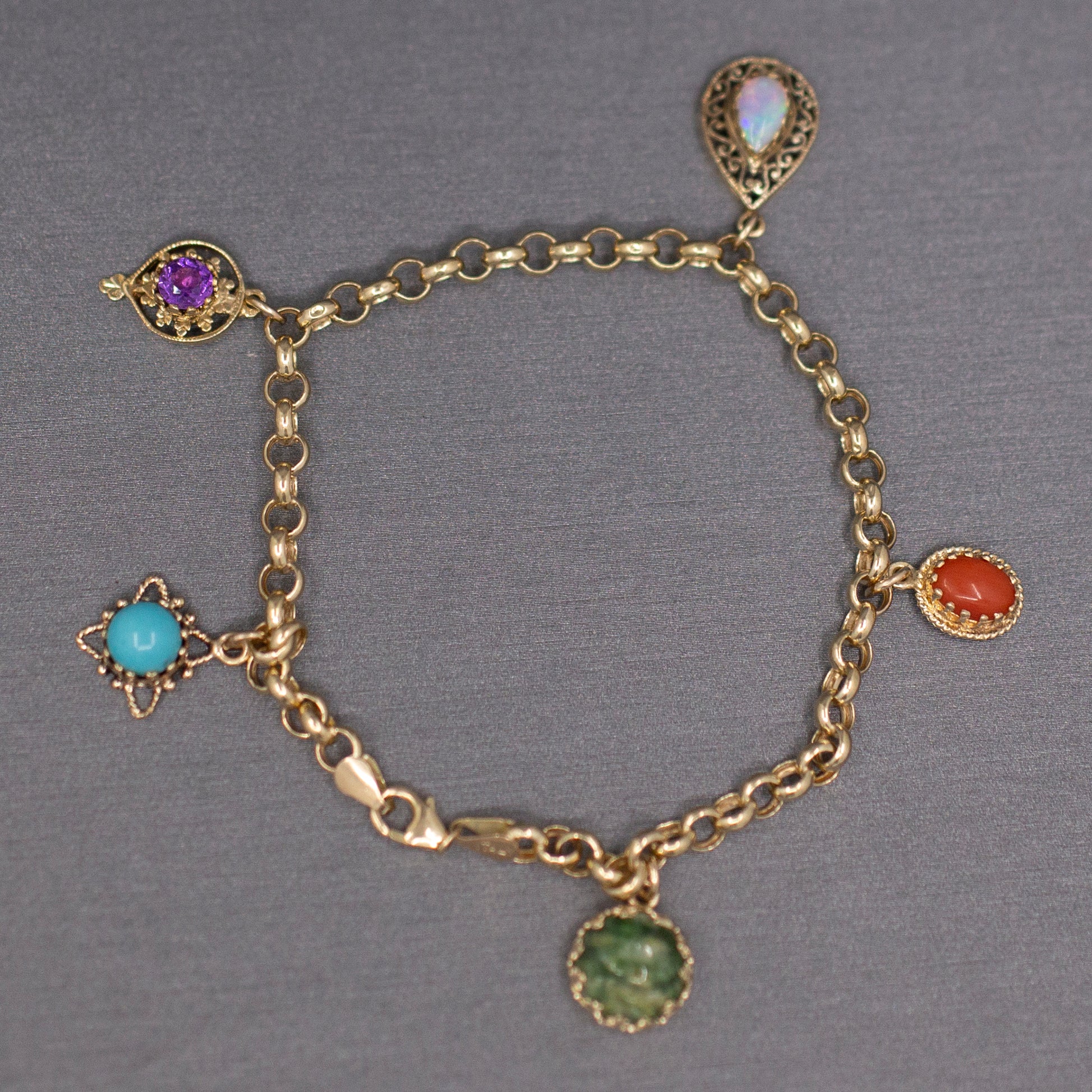 Multi-Gemstone Dangling Charm Bracelet on Rolo Chain in 14k Yellow Gold