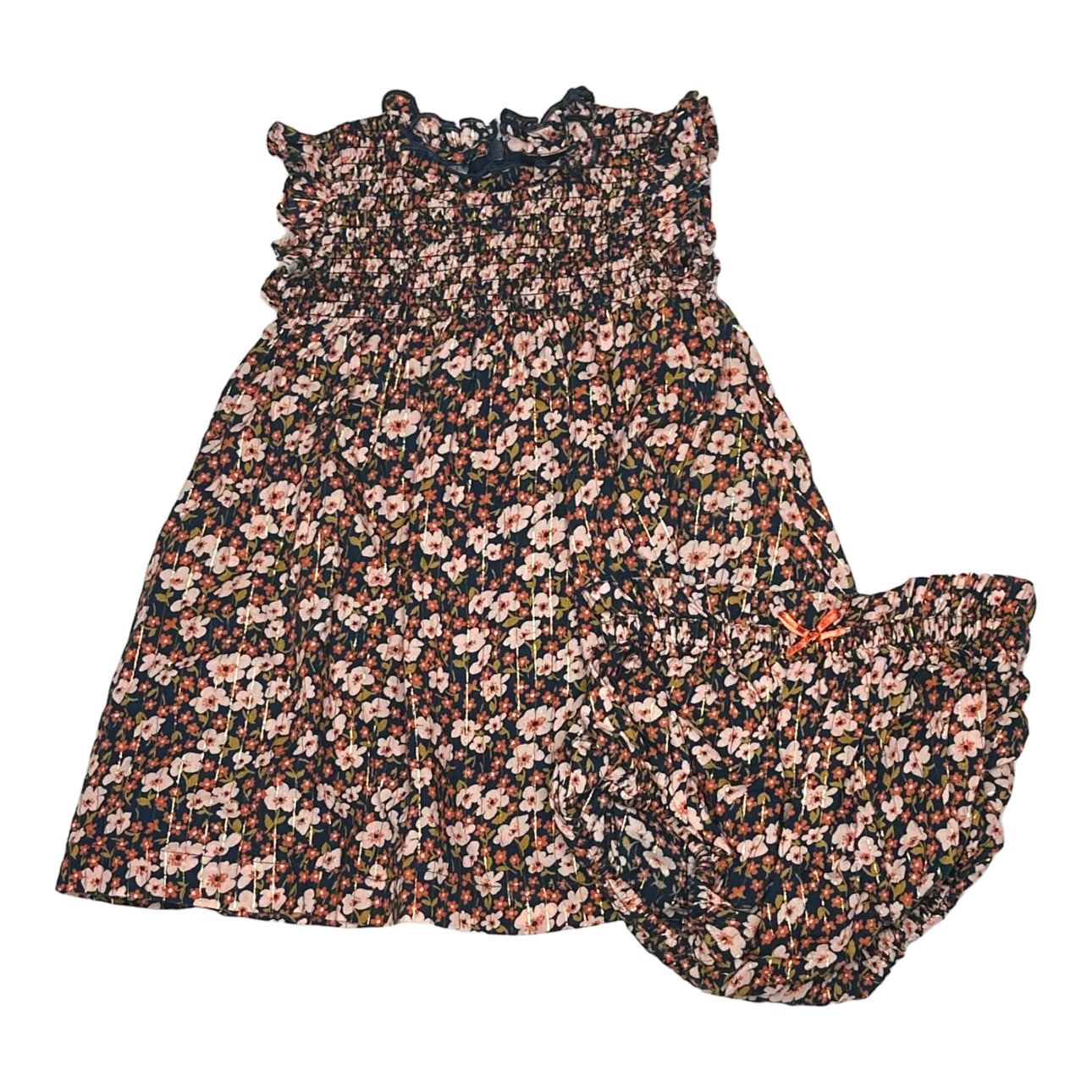 Ruffle SL Floral Shimmer Weave Dress + Bloomer