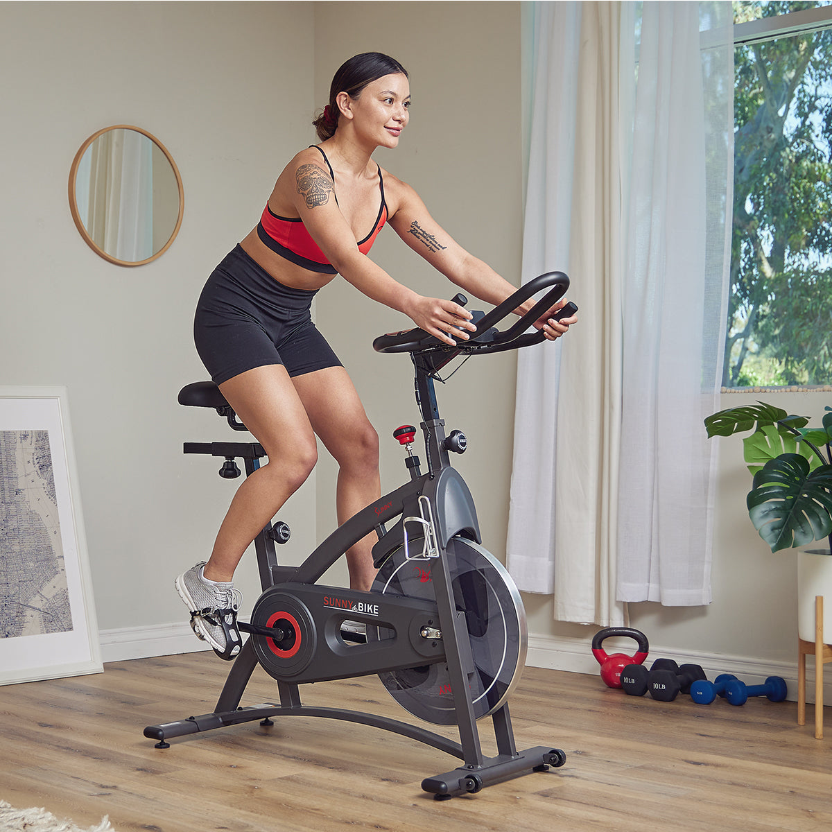 Premium Magnetic Resistance Smart Indoor Cycling Bike with Quiet Belt Drive and Exclusive SunnyFit? App Enhanced Bluetooth Connectivity