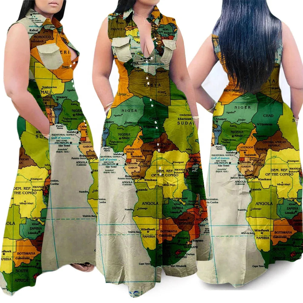Long Map Printed Casual Dress