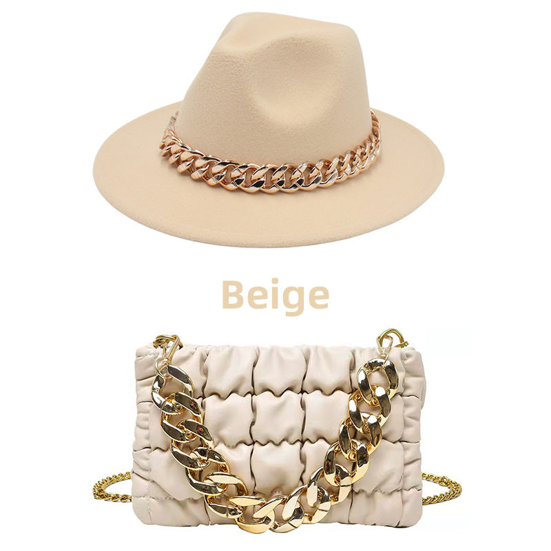 Women Chain Handbag with Matching Fedora