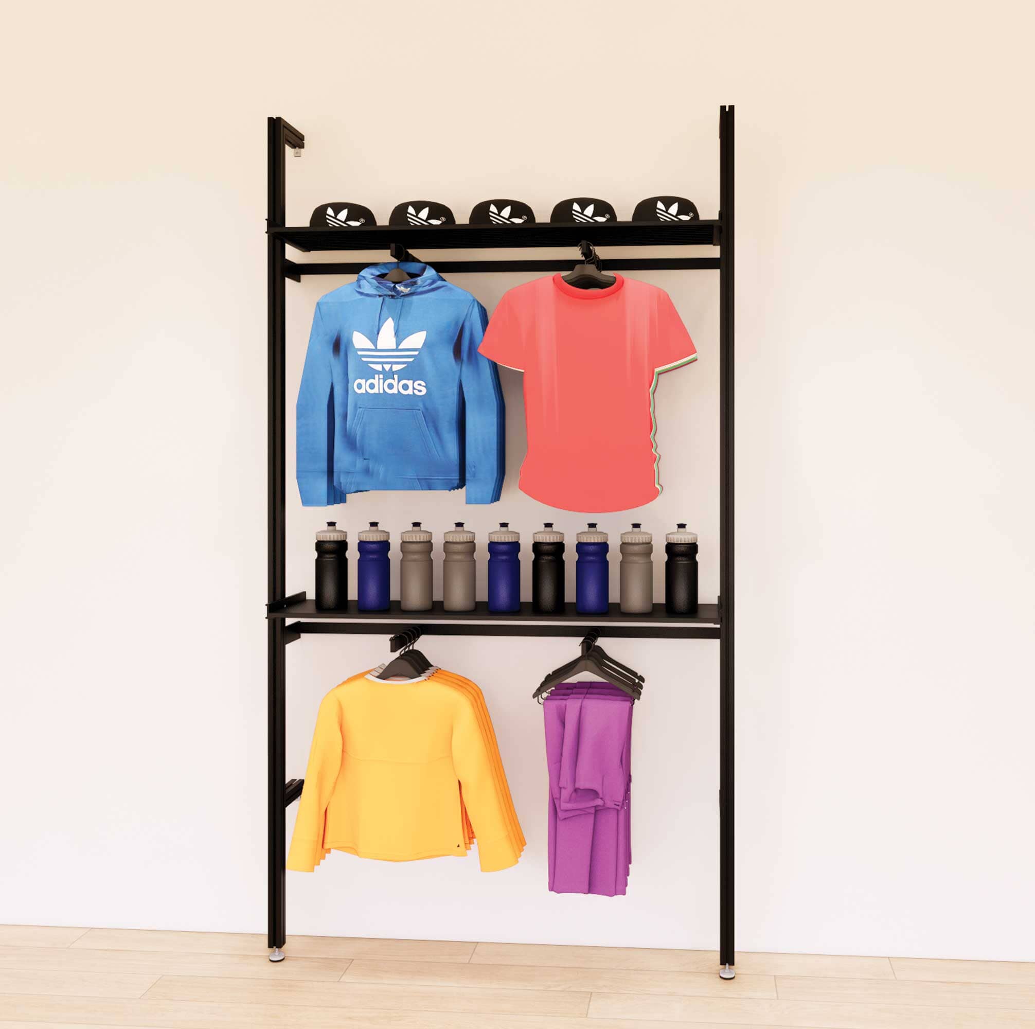 Retail Display Shelving Units with Front Hanging Hangers + Shelves