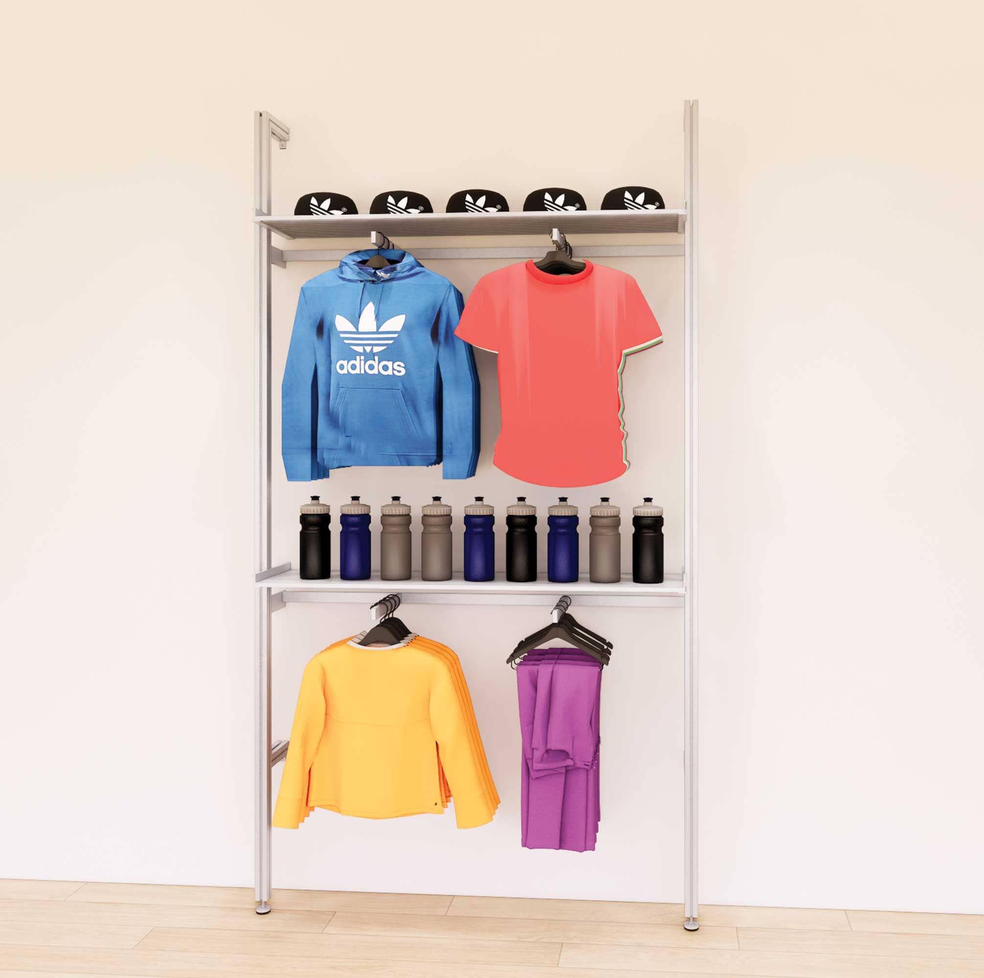 Retail Display Shelving Units with Front Hanging Hangers + Shelves