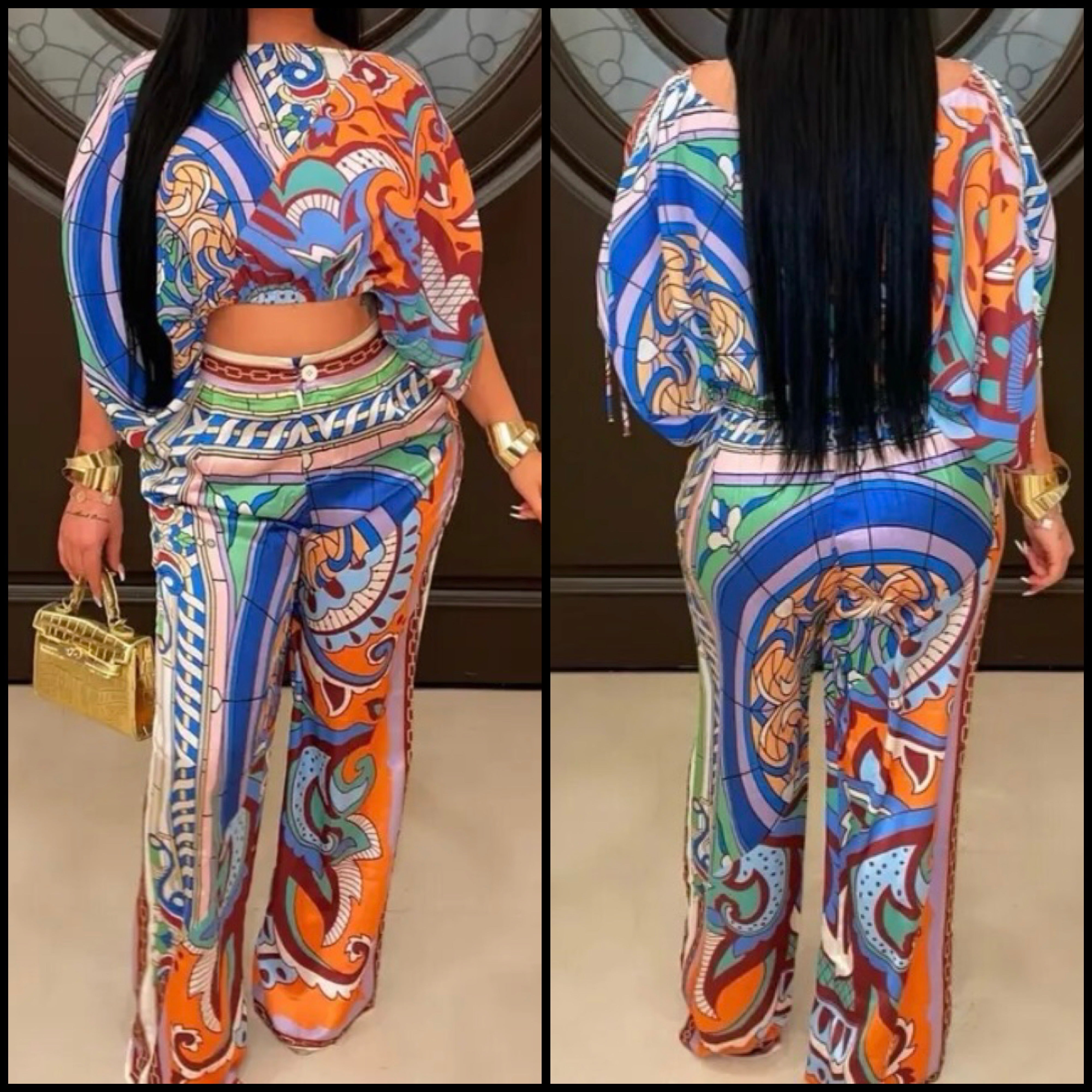 Women Sexy Fashion Full Sleeve Multicolored Print Two Piece Pant Set