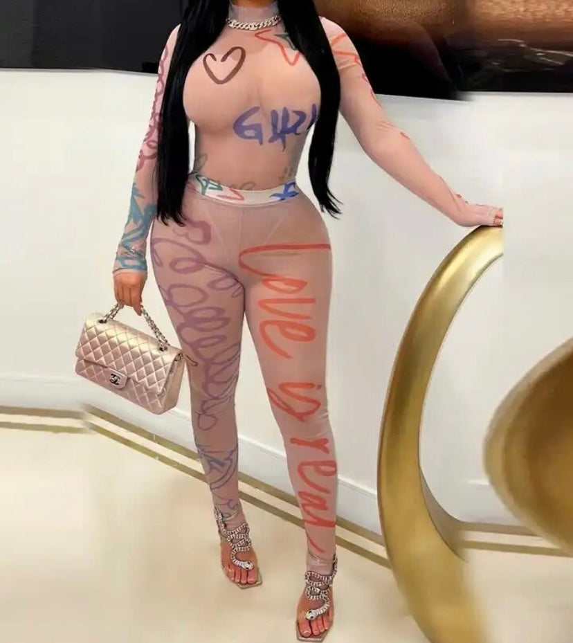 Women Sexy Printed Mesh Full Sleeve Bodysuit Two Piece Pant Set