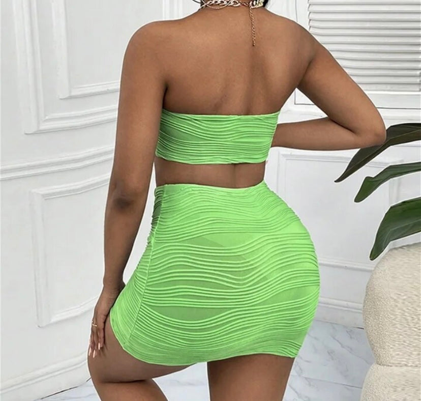 Women Sexy Metal Strapless Crop Two Piece Green Skirt Set