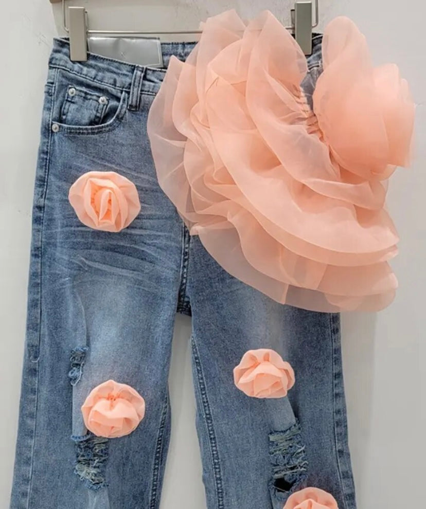 Women Fashion Ripped Color Ruffled Floral Denim Pants
