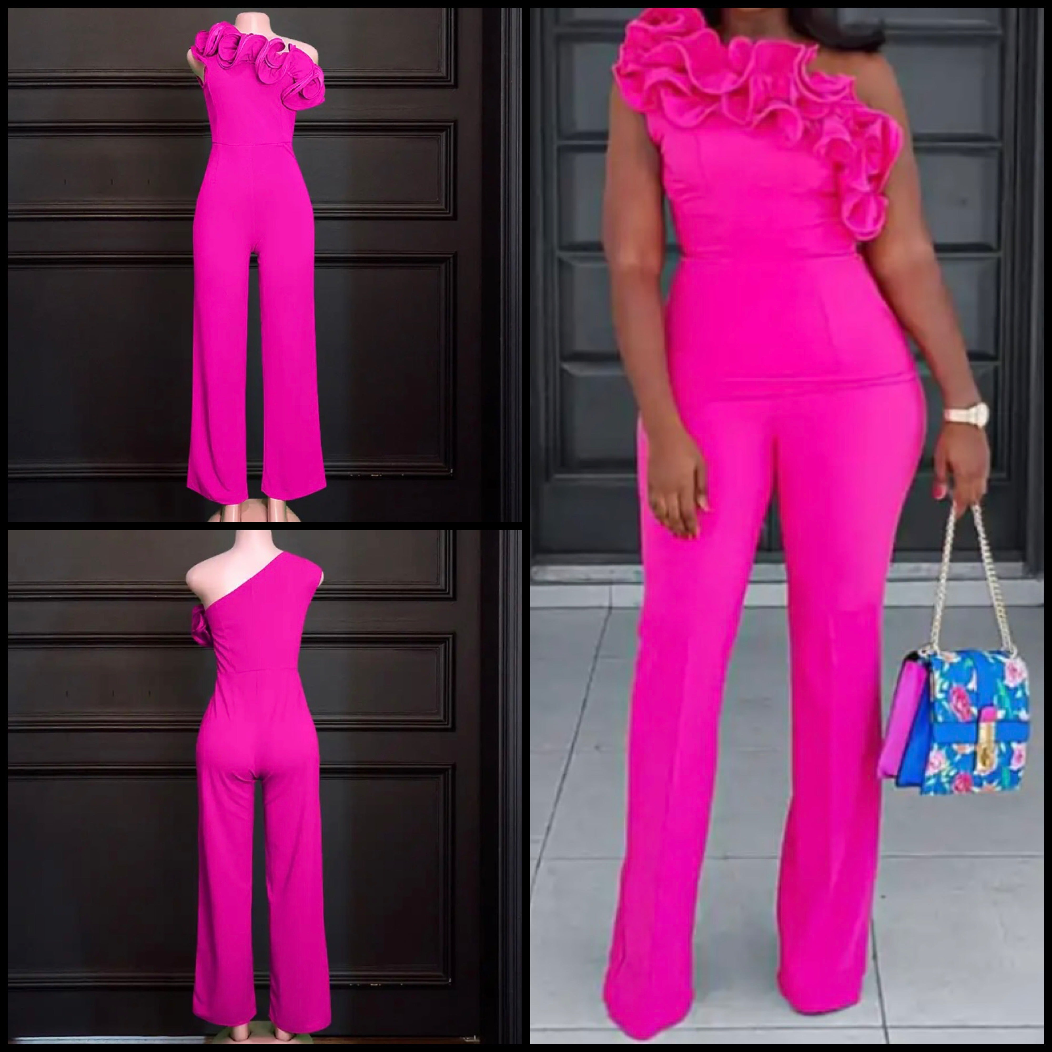 Women Sexy Pink Ruffled One Shoulder Jumpsuit