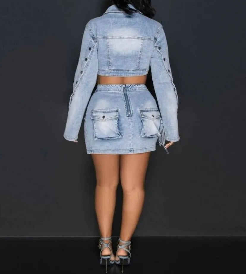 Women Sexy Fashion Button Up Full Sleeve Denim Two Piece Cargo Skirt Set
