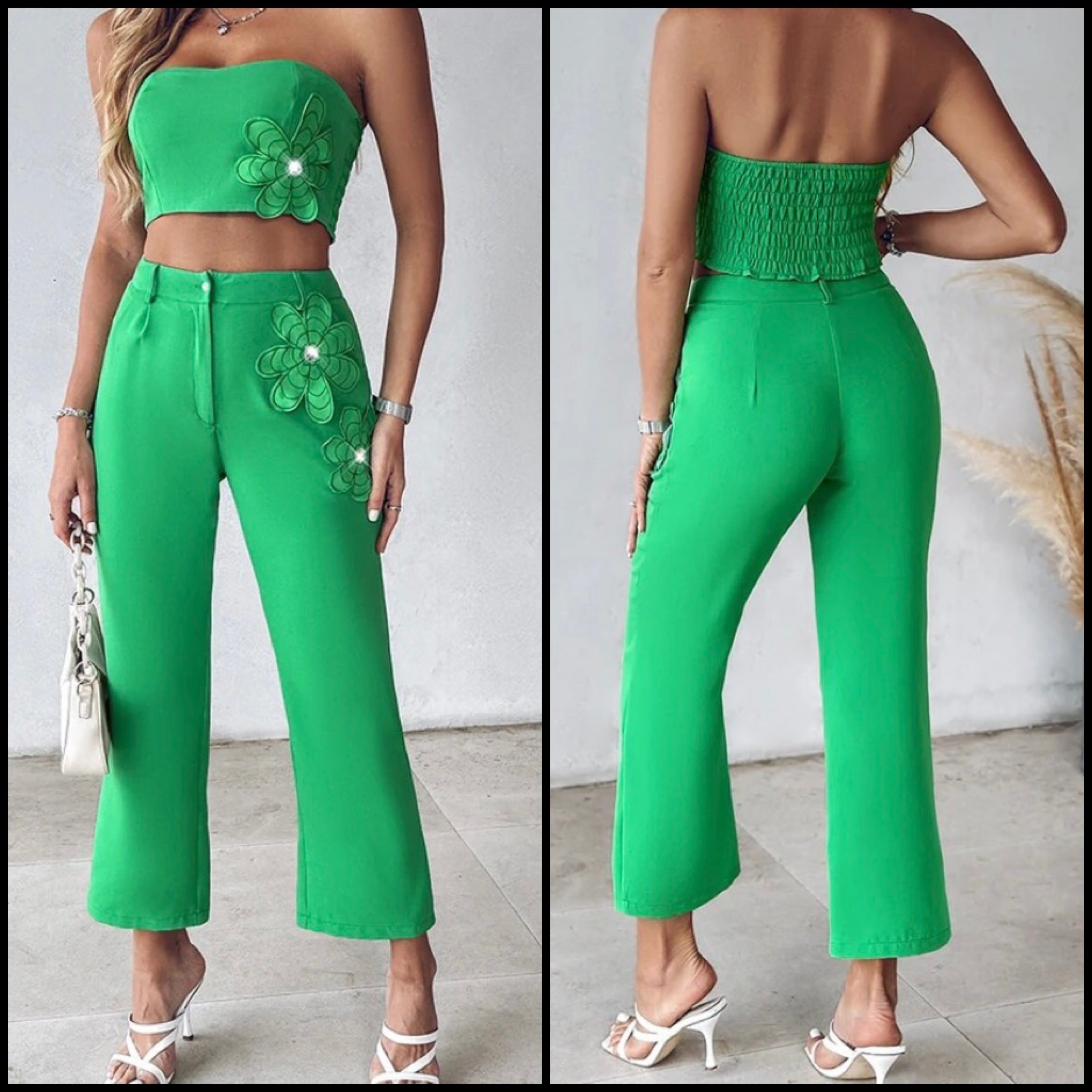 Women Sexy Green Strapless Floral Patchwork Two Piece Pant Set