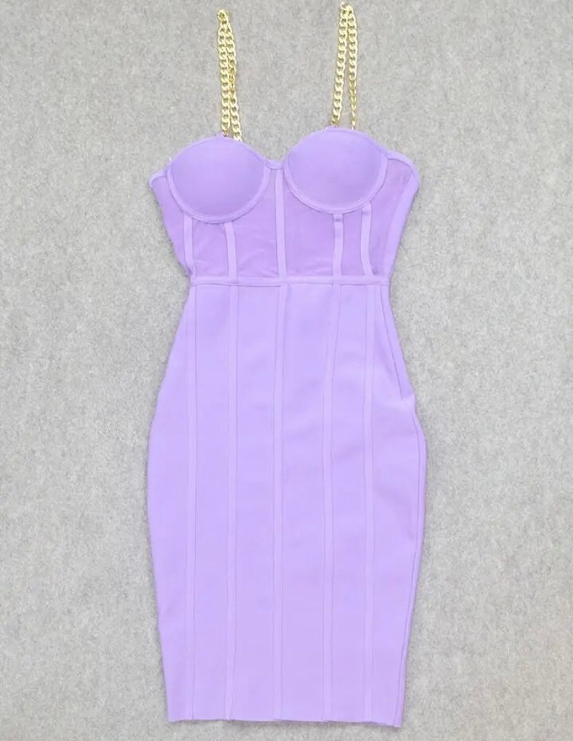 Women Sexy Chain Sleeveless Lavender Mesh Patchwork Dress