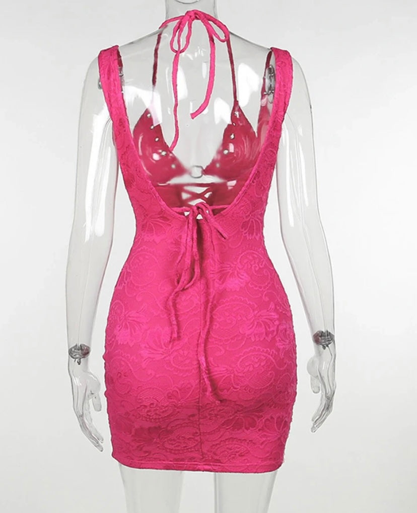 Women Pink Sexy Sleeveless Cut Out Lace Dress