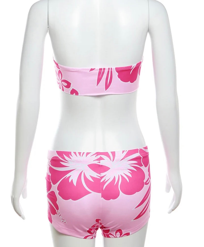 Women Sexy Strapless Pink Printed Two Piece Short Set