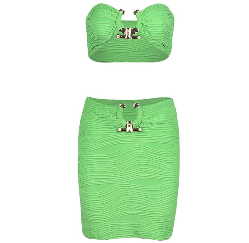 Women Sexy Metal Strapless Crop Two Piece Green Skirt Set