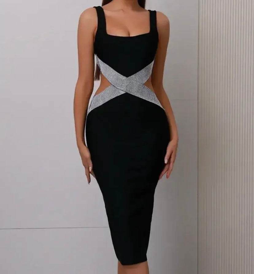 Women Sexy Solid Color Sleeveless Bling Cut Out Dress