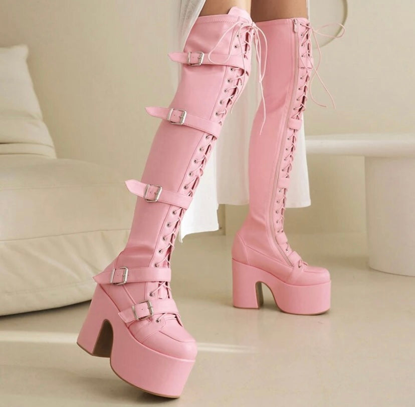 Women Fashion Platform Buckled Over The Knee Boots