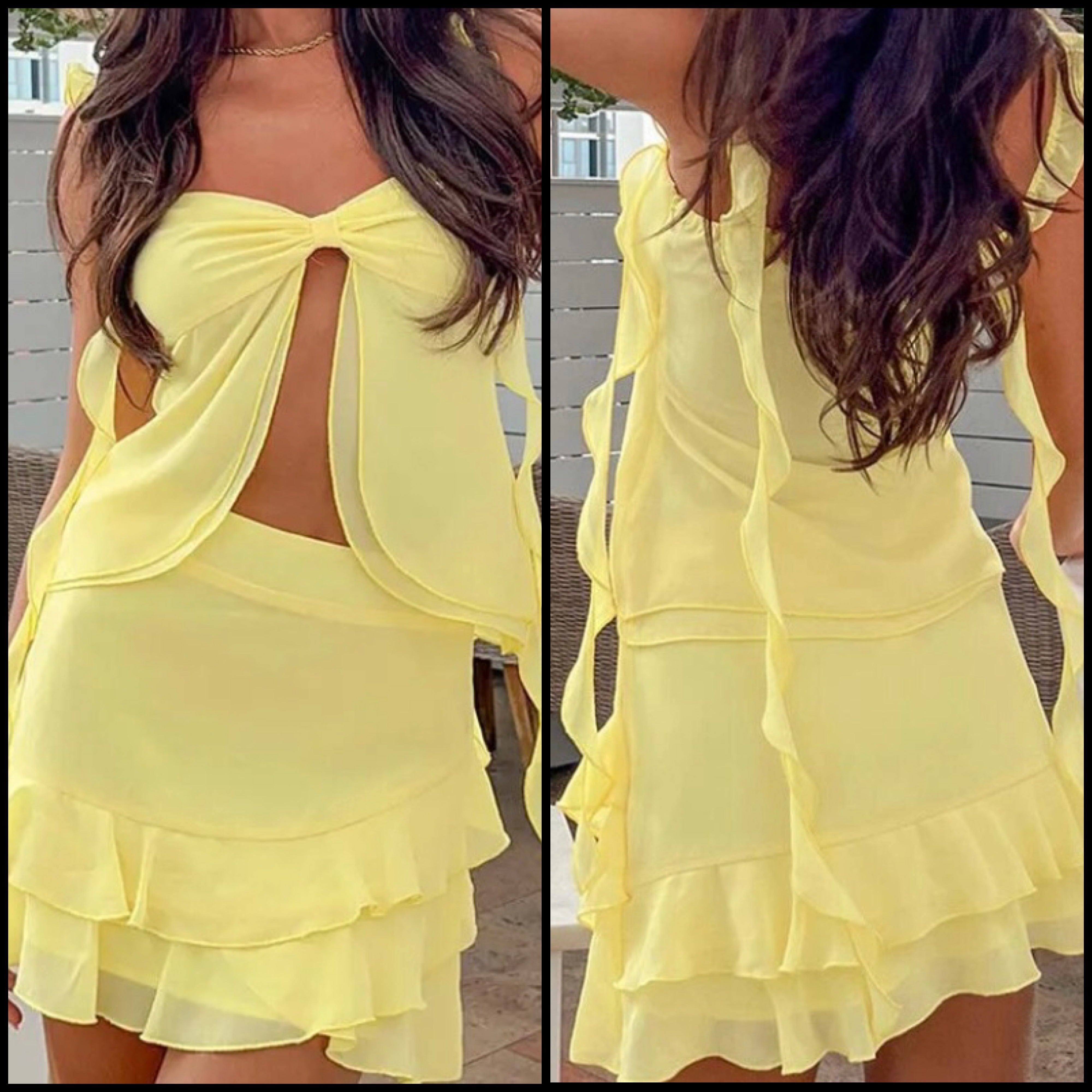 Women Sexy Yellow Ruffled Two Piece Sleeveless Skirt Set