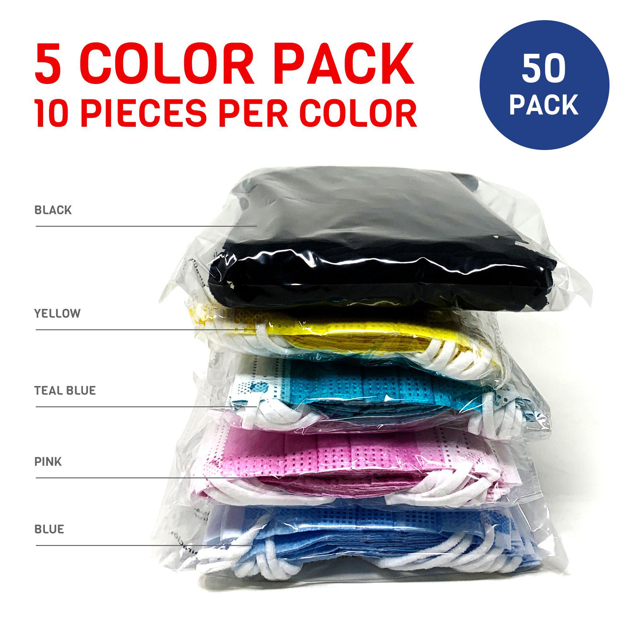 Casaba 50 Pack with 5 Colors Disposable Face Masks 3-Ply - Made in USA with Imported Fabric