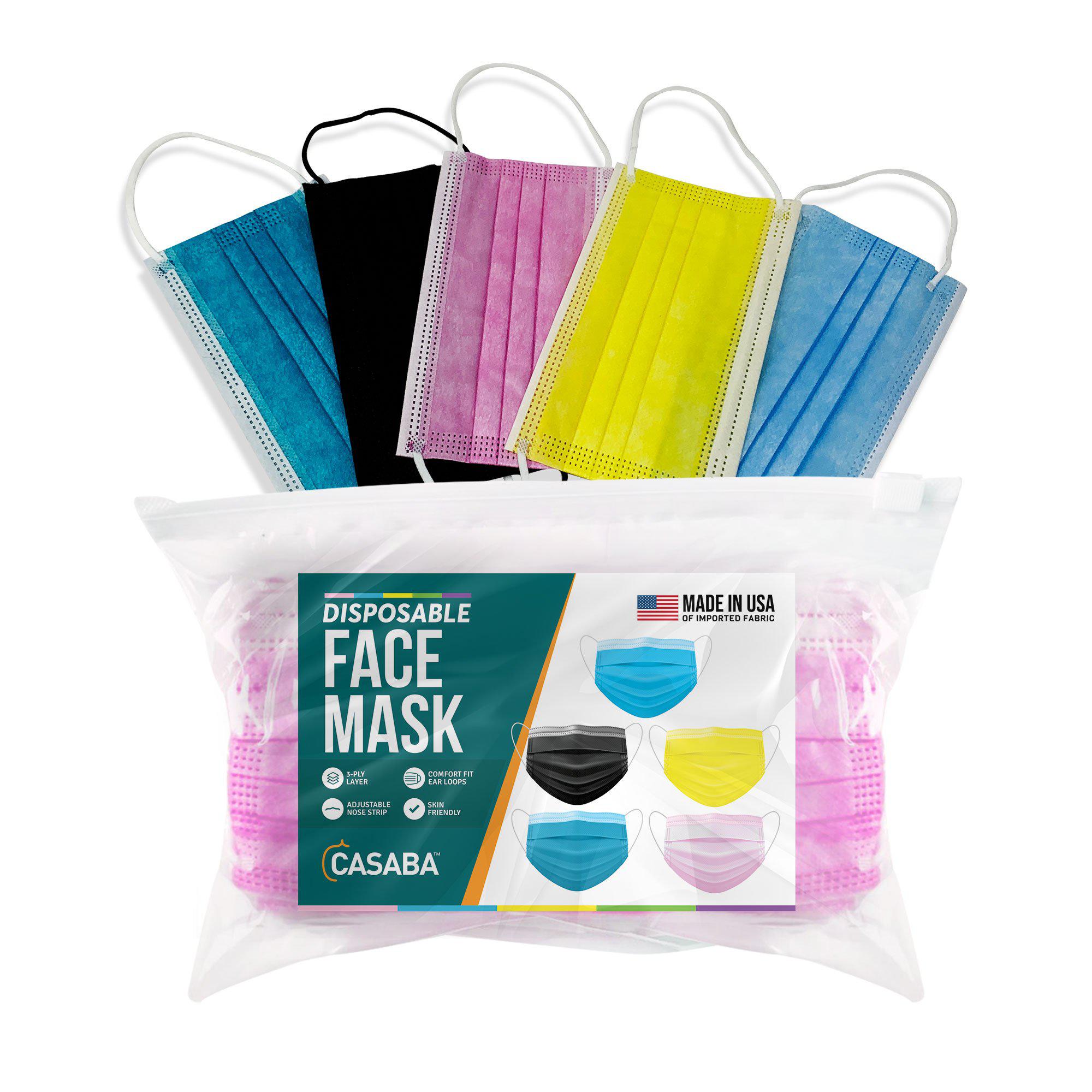 Casaba 50 Pack with 5 Colors Disposable Face Masks 3-Ply - Made in USA with Imported Fabric