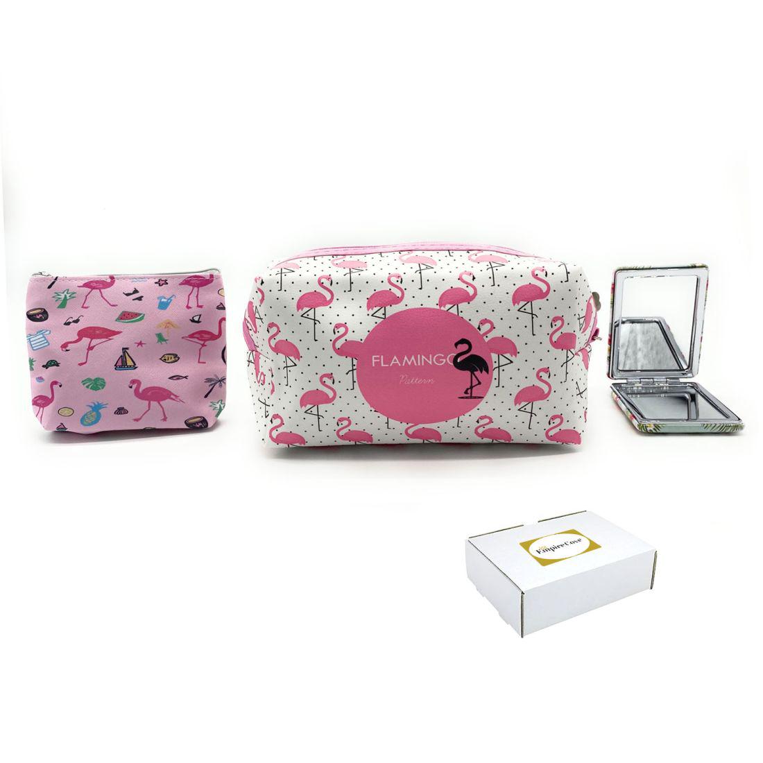 Empire Cove Womens 3 Piece Gift Set Flamingo Cosmetic Bags Coin Pouch Mirror
