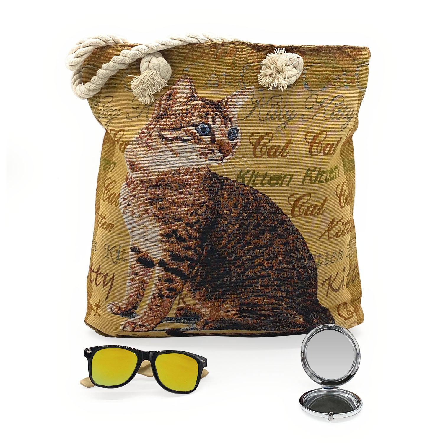 Empire Cove Womens 3 Piece Gift Set Cat Beach Tote Bag Sunglasses Mirror Travel