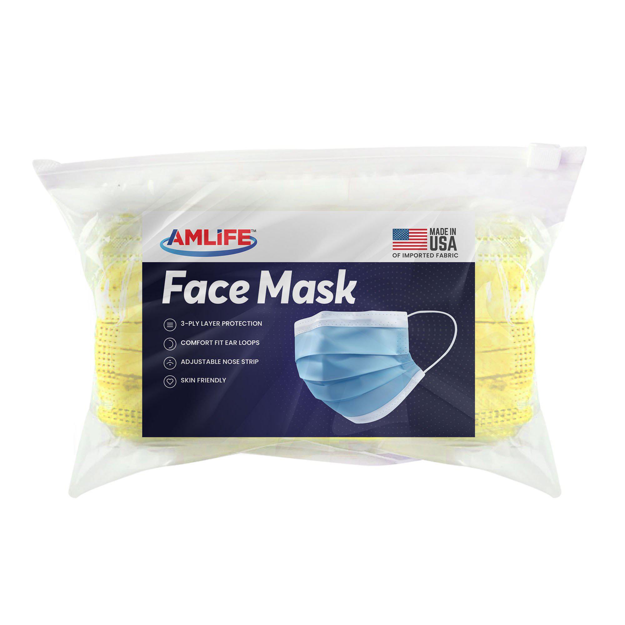 Amlife Face Mask Packs Disposable 3-Ply Filter - Made in USA with Imported Fabric - Yellow