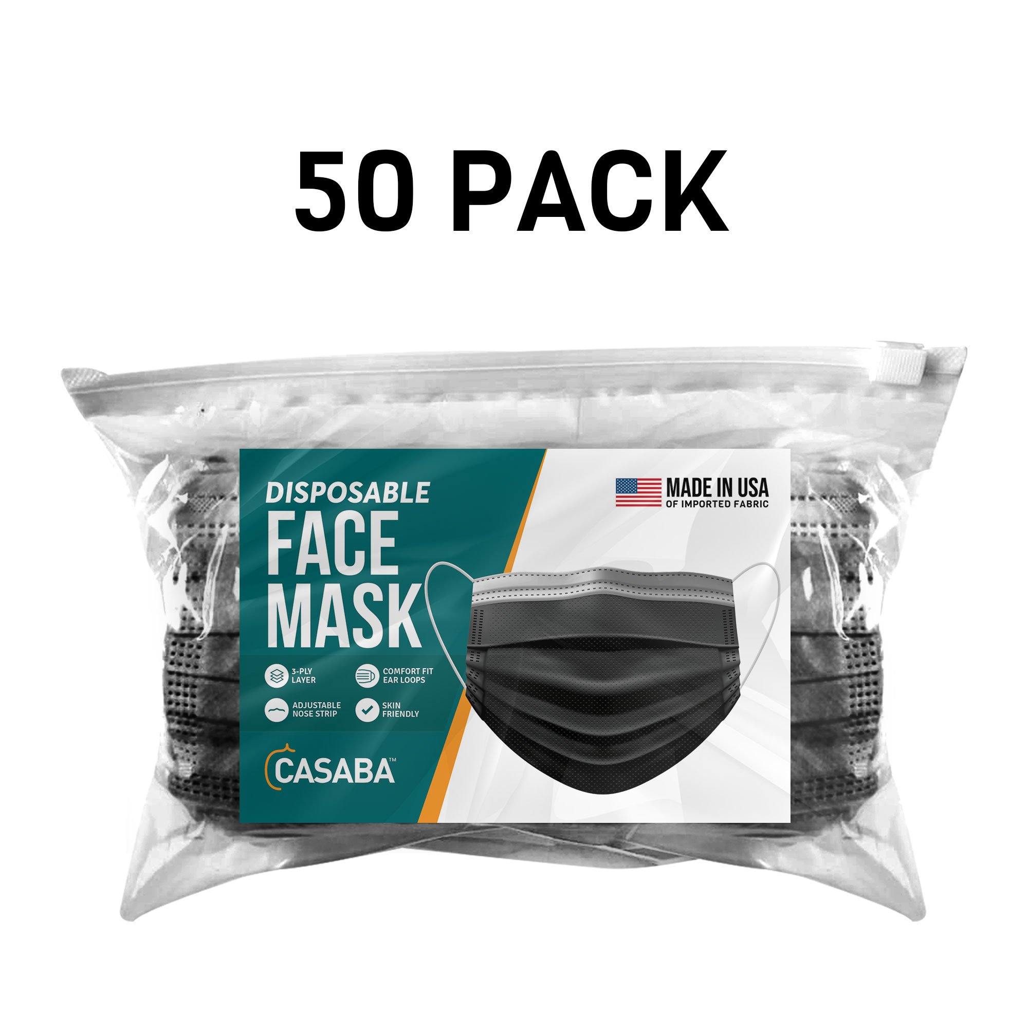 Casaba 50 Pack Black Disposable Face Masks 3-Ply Filter - Made in USA with Imported Fabric