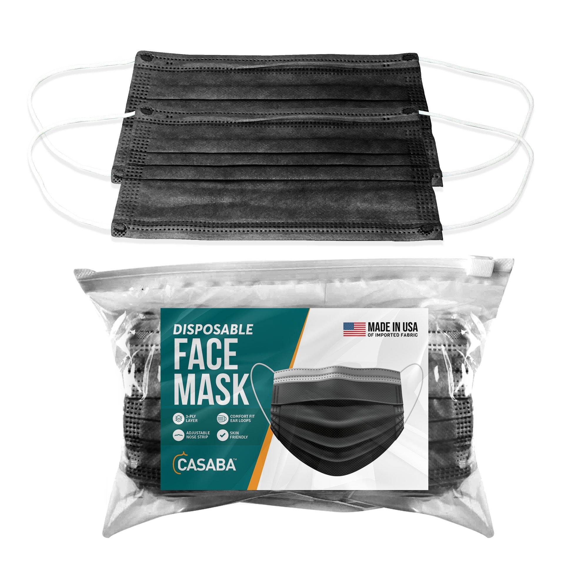 Casaba 50 Pack Black Disposable Face Masks 3-Ply Filter - Made in USA with Imported Fabric