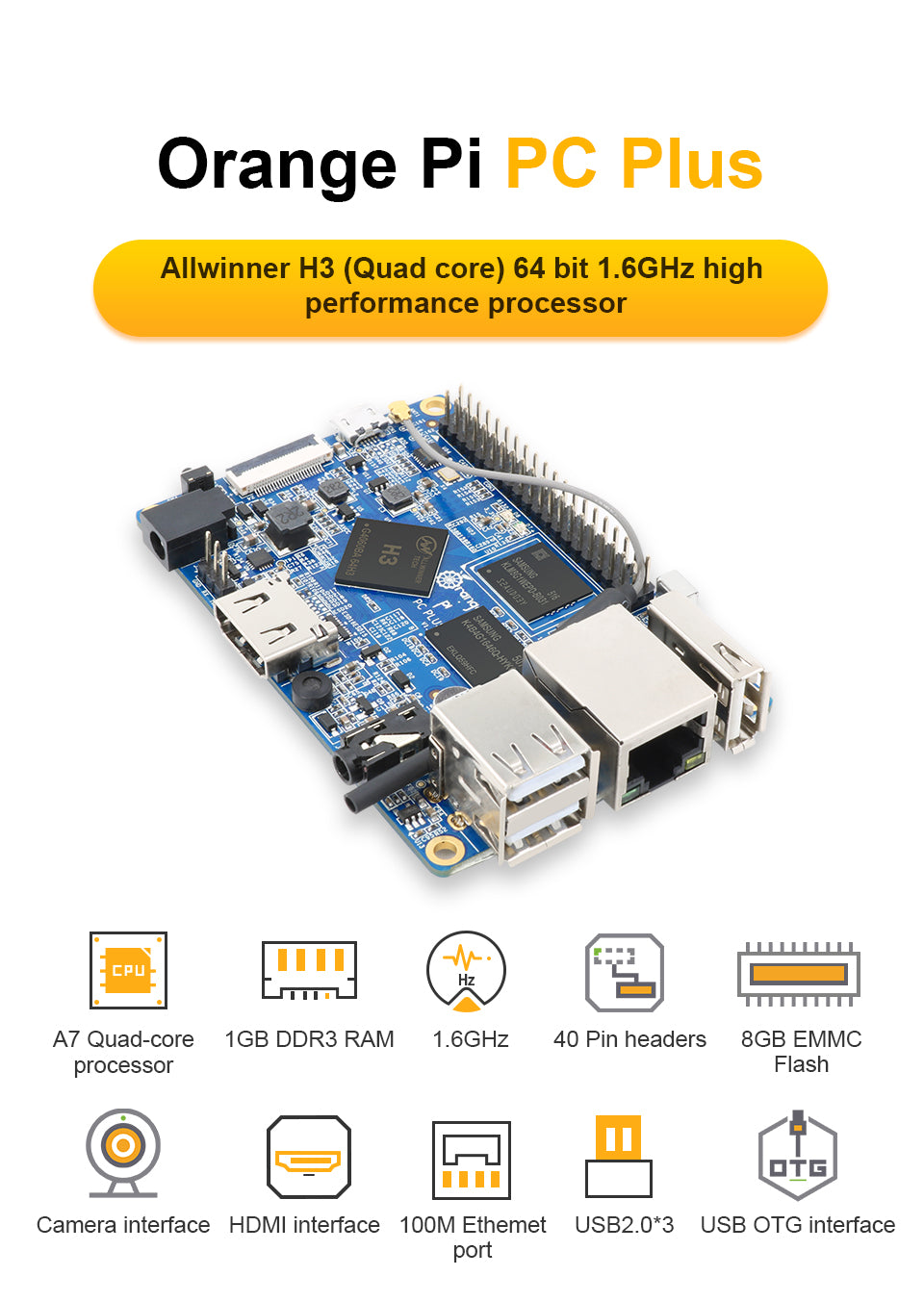 Orange Chip Computer Orange Pi PC Plus Single Board Computer 1G RAM 8GB EMMC Allwinner H3 W ...