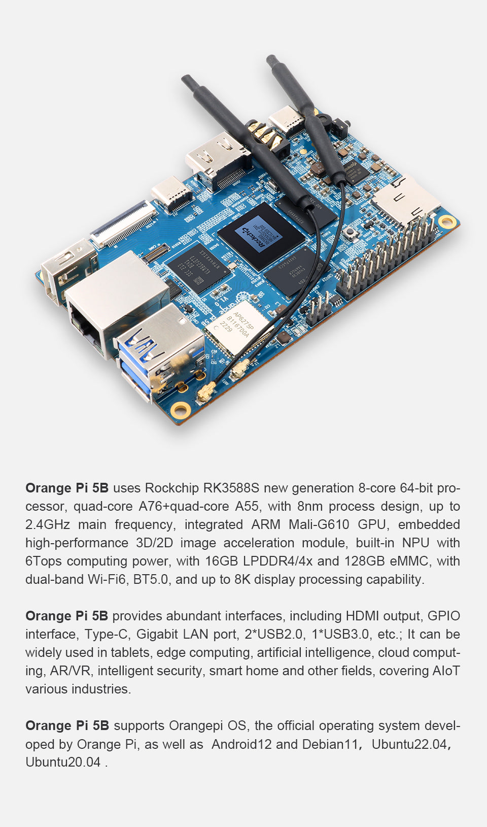 Orange Pi 5B 16G RAM+128G EMMC 64-bit Rockchip RK3588S Dual-band On ...