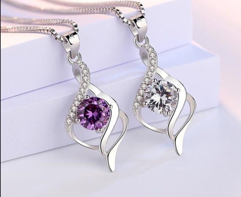 925 sterling silver ladies fashion jewelry purple crystal zircon pendant necklace