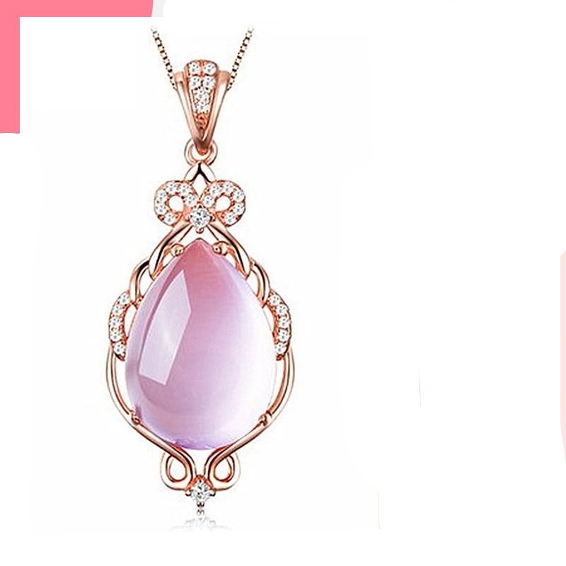 Silver 925 Jewelry Necklace with Water drop shape Pink rose quartz zircon gemstones Pendant for Women