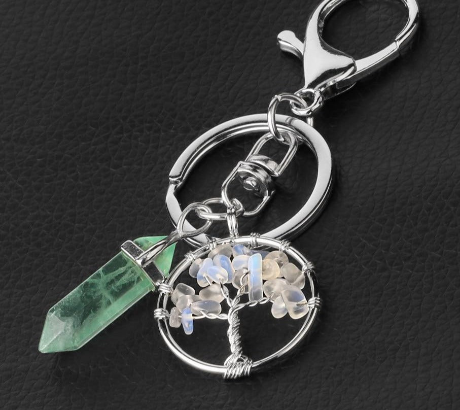 Natural Stone Keychains Green Fluorite Winding Tree of Life Reiki Pendant Crystal Key Chain