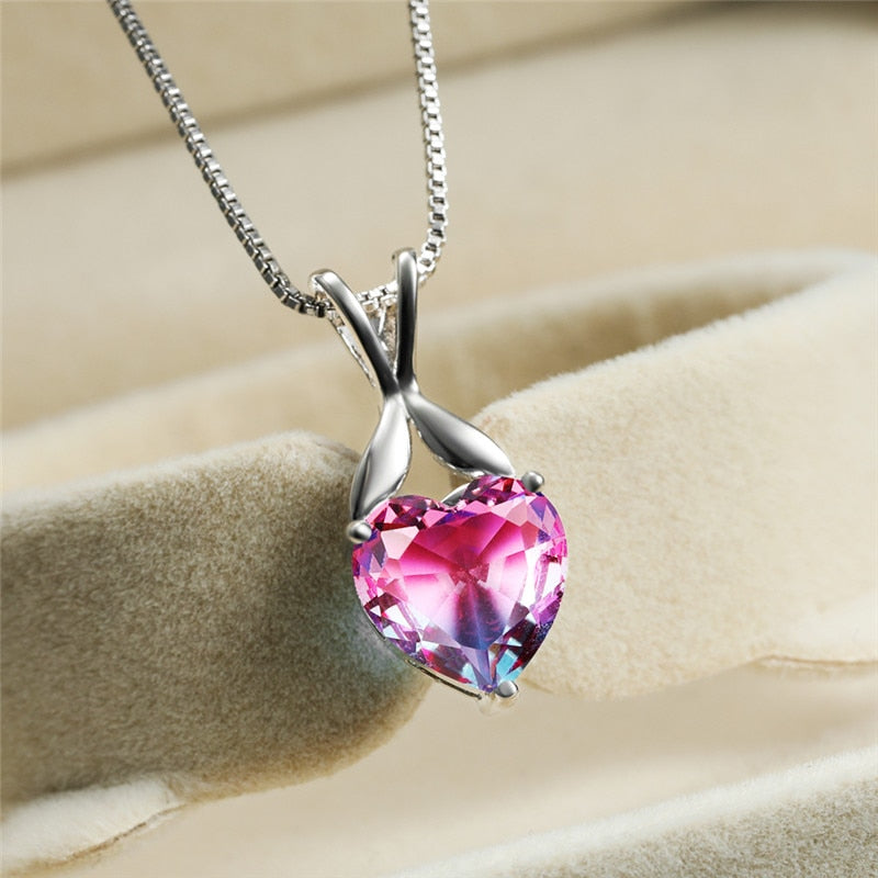 Charming Pink Purple Crystal Heart Pendant Rainbow Gradient Zircon Necklaces For Women