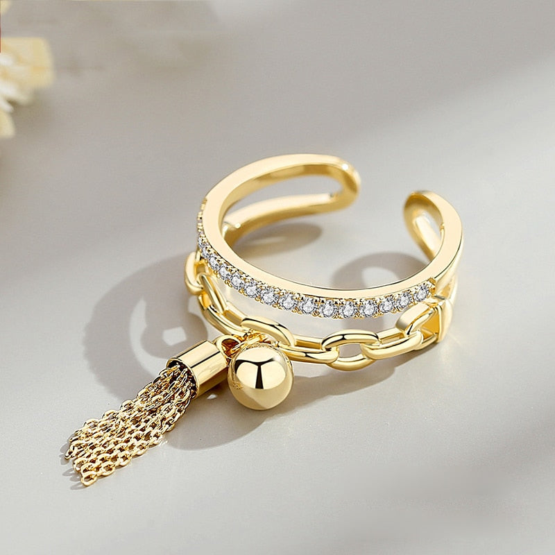 Link Chain Tassel  Zirconia Charm Finger Ring