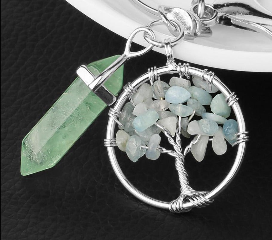 Natural Stone Keychains Green Fluorite Winding Tree of Life Reiki Pendant Crystal Key Chain