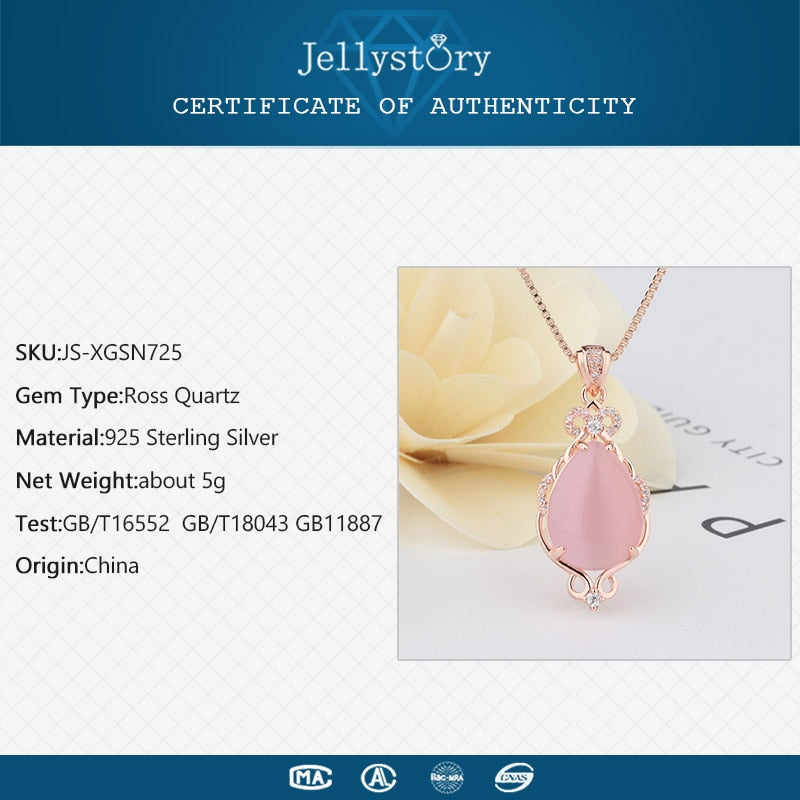 Silver 925 Jewelry Necklace with Water drop shape Pink rose quartz zircon gemstones Pendant for Women