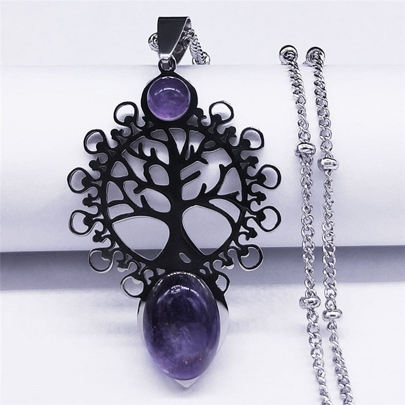 Bohemia Tree of Life Stainless Steel Purple Crystal Necklace For Women Silver Color Charm Necklace