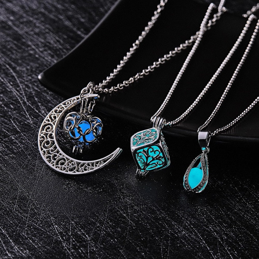 Glow In The Dark Moon Square Heart Necklaces